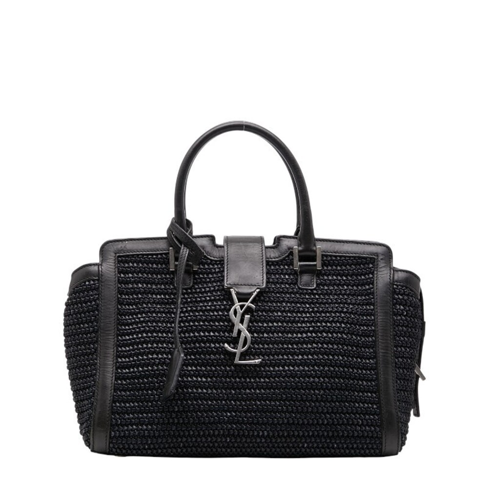 Saint Laurent YSL Logo Cabas Handbag Black Raffia Leather